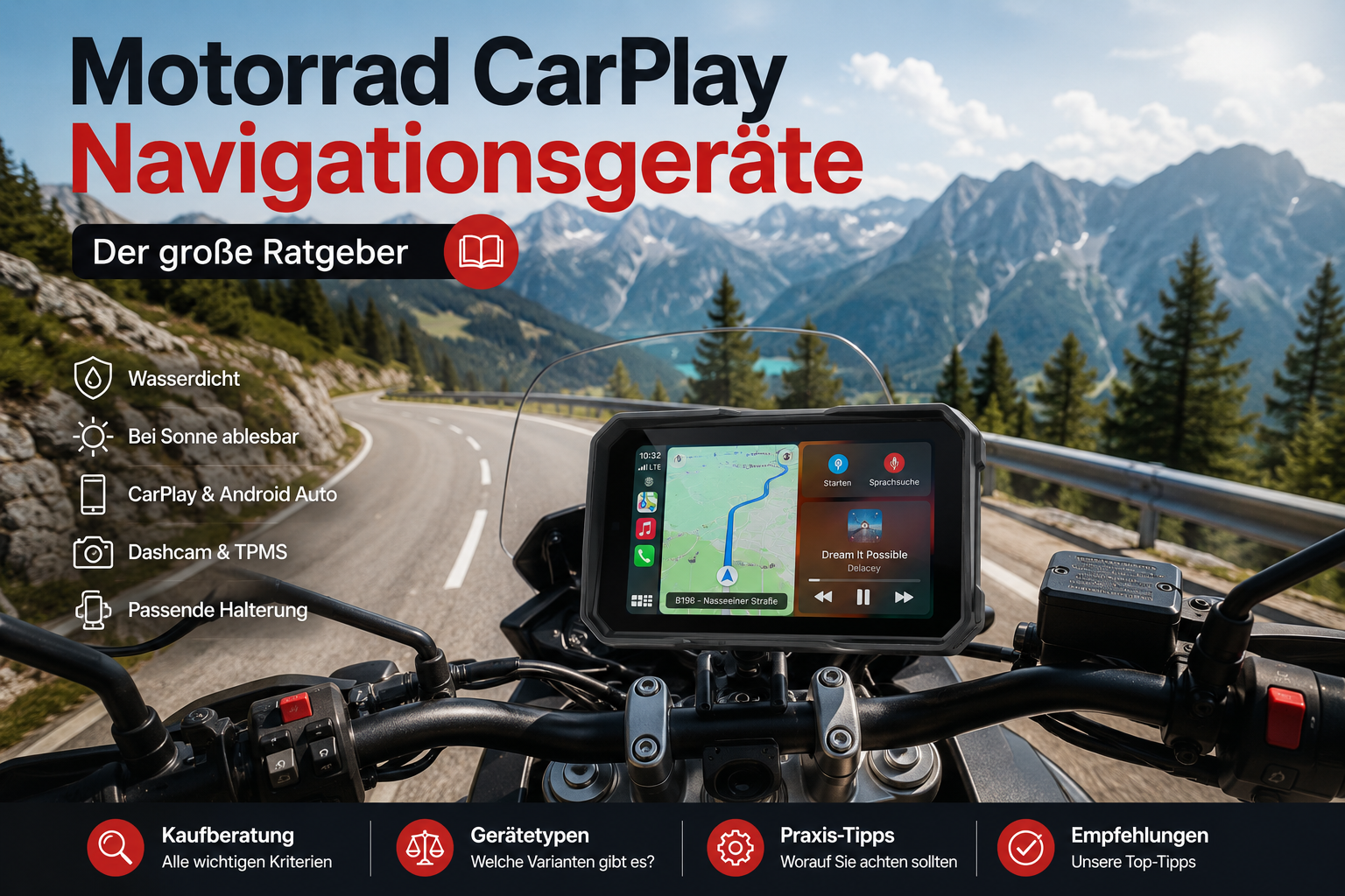 Motorrad CarPlay & Android Auto – Ratgeber zum Nachrüsten von Motorrad-Navigationsgeräten mit Navigation, Dashcam, TPMS und Bluetooth-Headset.