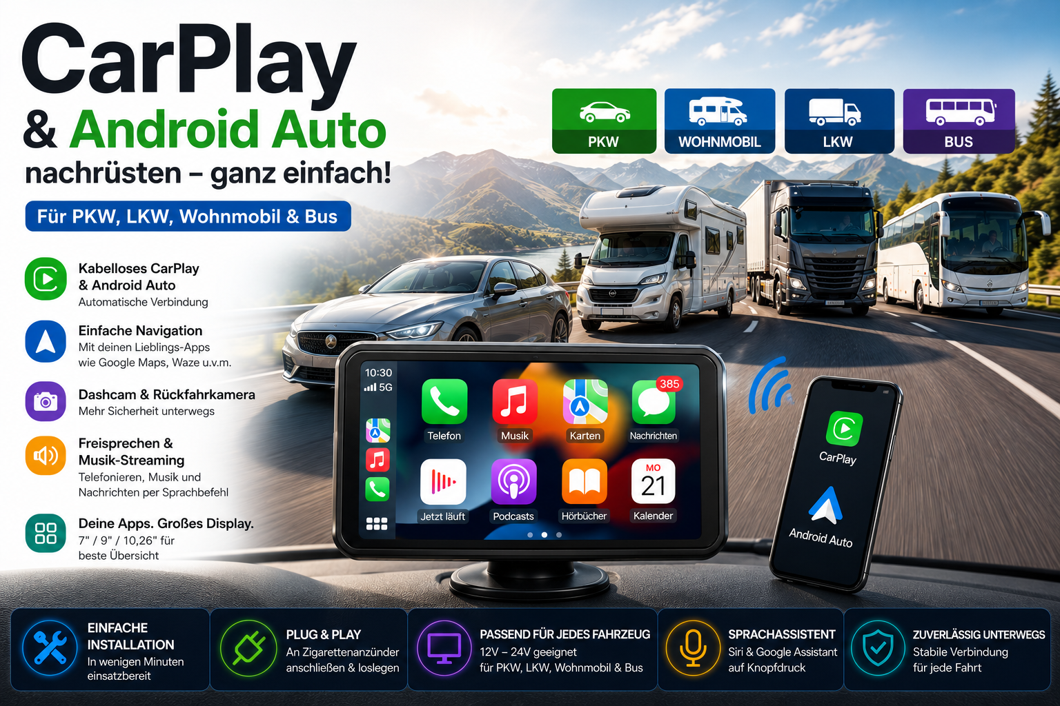 CarPlay & Android Auto nachrüsten für PKW, LKW, Wohnmobil und Bus – Ratgeber mit CarPlay-Display für Navigation, Freisprechen, Dashcam und Rückfahrkamera.