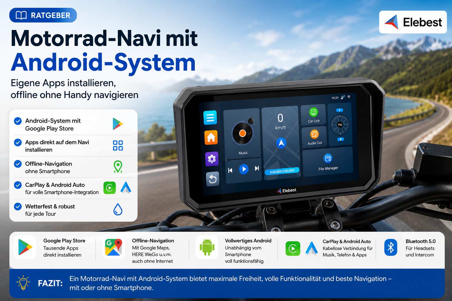 Motorrad-Navi mit Android-System – Ratgeber zu Motorrad CarPlay, Android Auto, Offline-Navigation und Google Play Store für Motorrad-Navigationsgeräte.