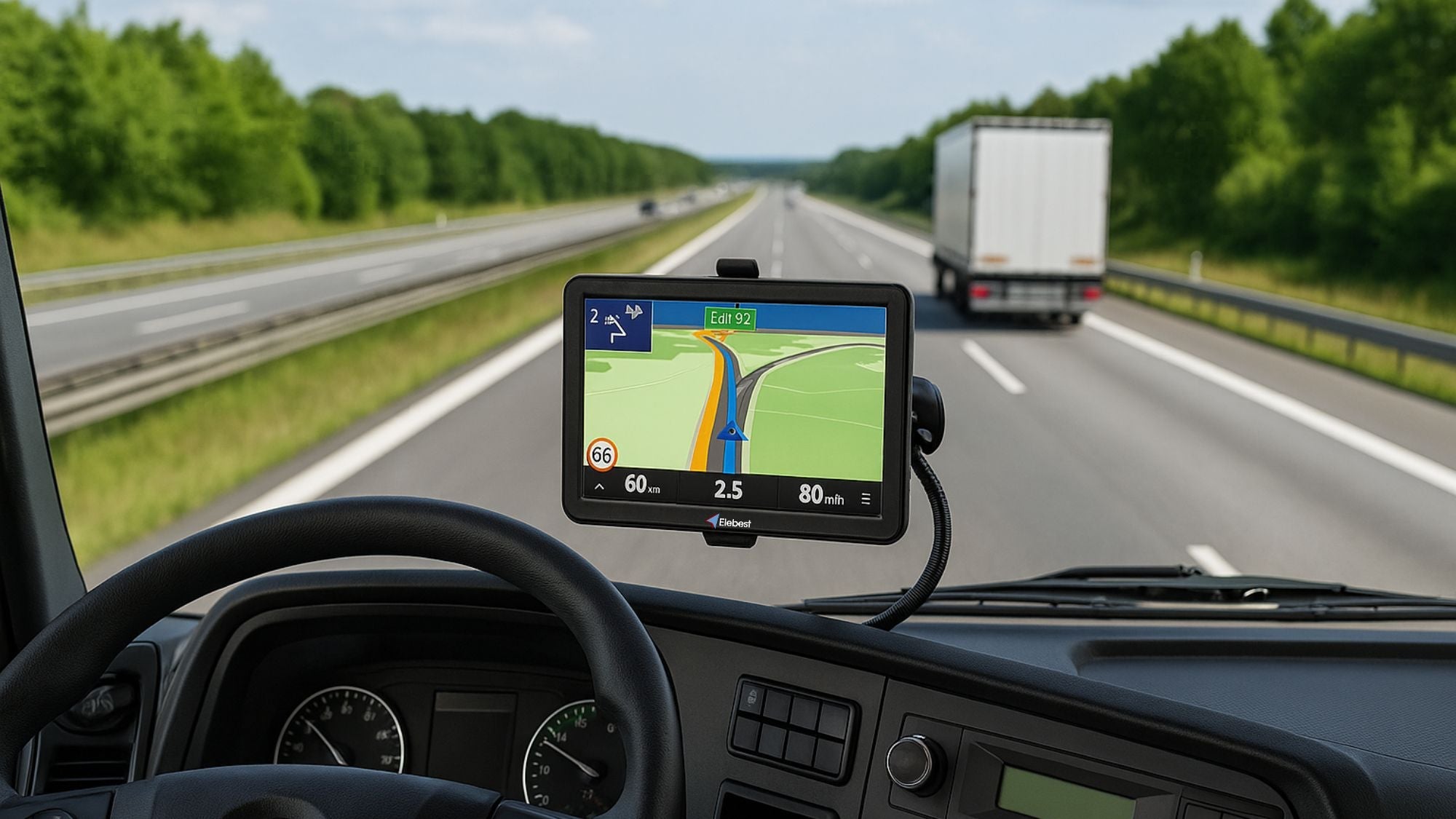 Fahrerblick im Lkw mit GPS-Navigationsgerät an der Windschutzscheibe, das den nächsten Abfahrtsweg anzeigt, während die Autobahn durch eine grüne Landschaft führt.