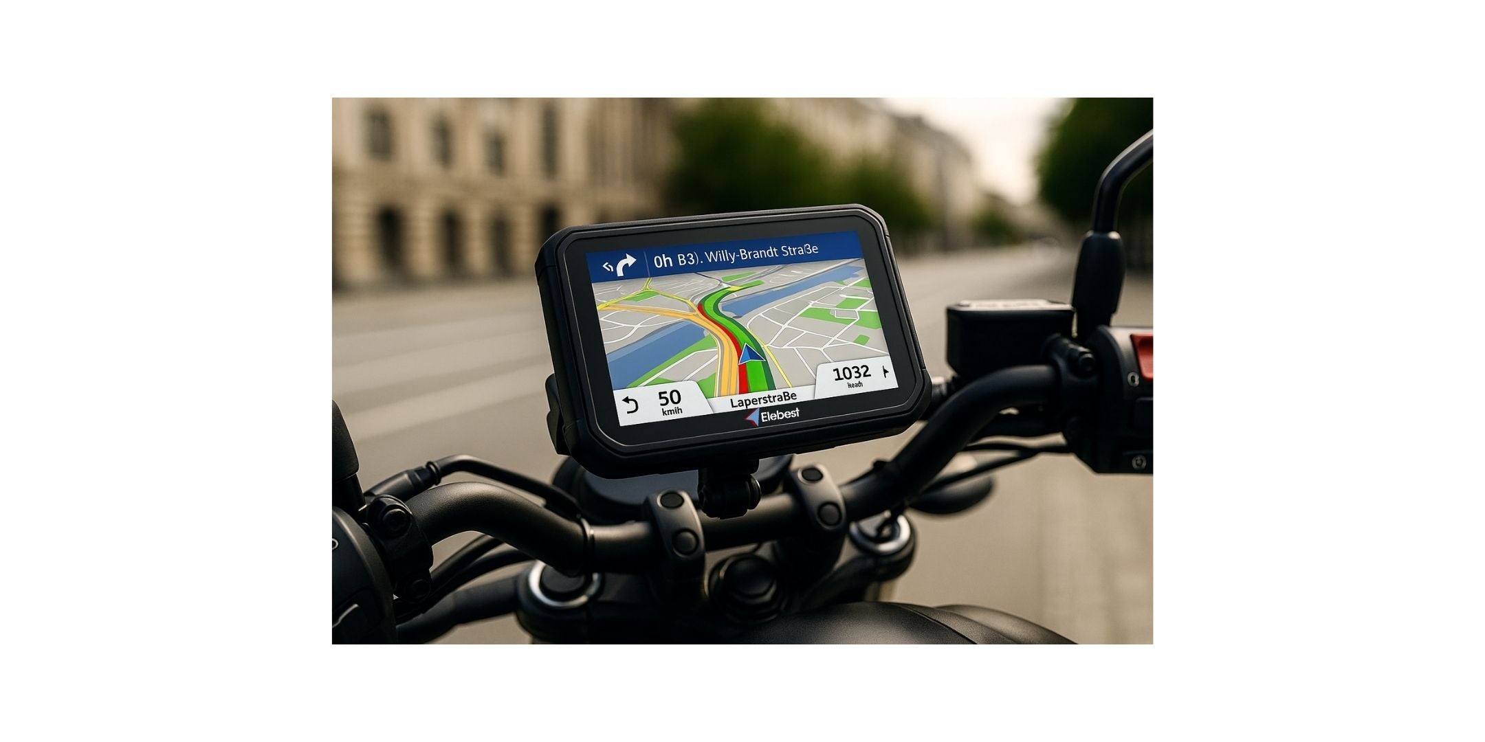 Motorrad-Navigationsgerät auf dem Lenker eines Motorrads, das auf einer malerischen Landstraße montiert ist, mit klarem Display und Navigationseinstellungen sichtbar.