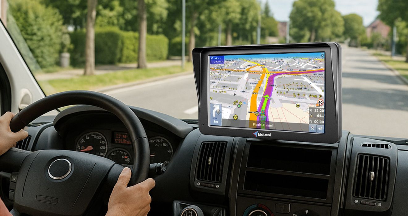 Modernes Auto-Navigationsgerät auf dem Armaturenbrett mit farbigem Display – ideal für präzise Routenführung, Verkehrsinfos und komfortables Fahren