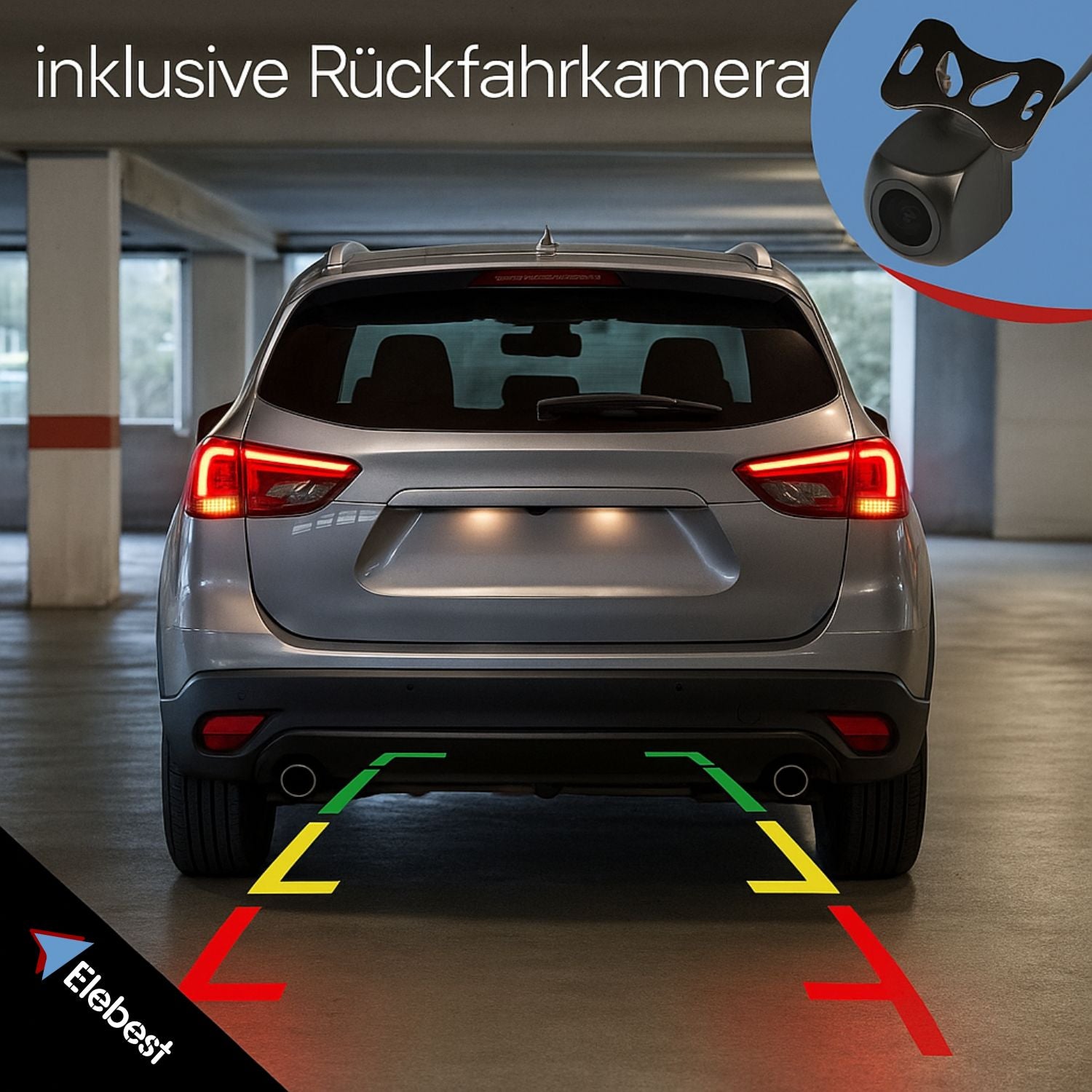 SUV beim Rückwärtsfahren mit farbigen Parklinien der Rückfahrkamera – Elebest Parkhilfe
