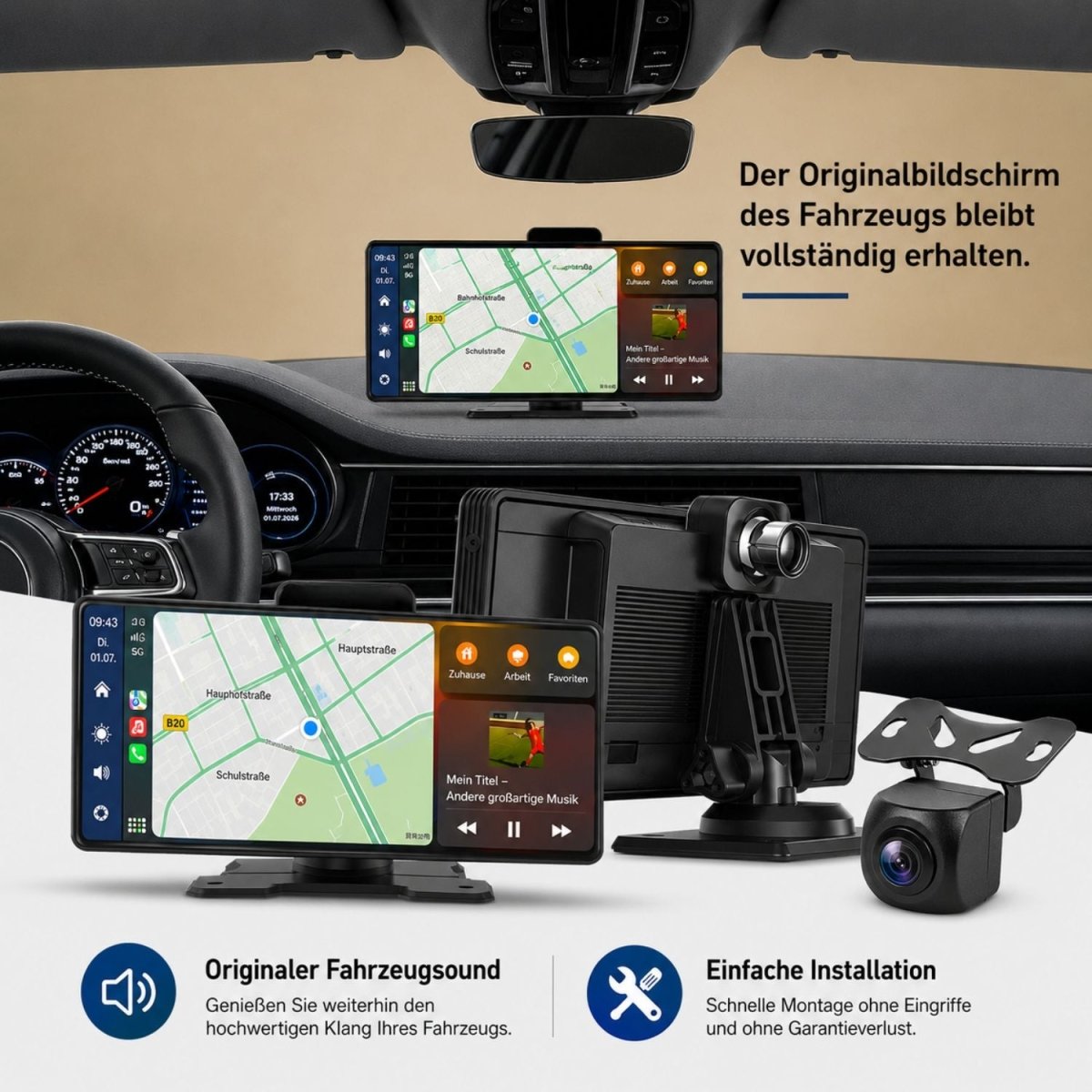 Widescreen-Display des CarPlay 1026 mit Karten- und Musikansicht
