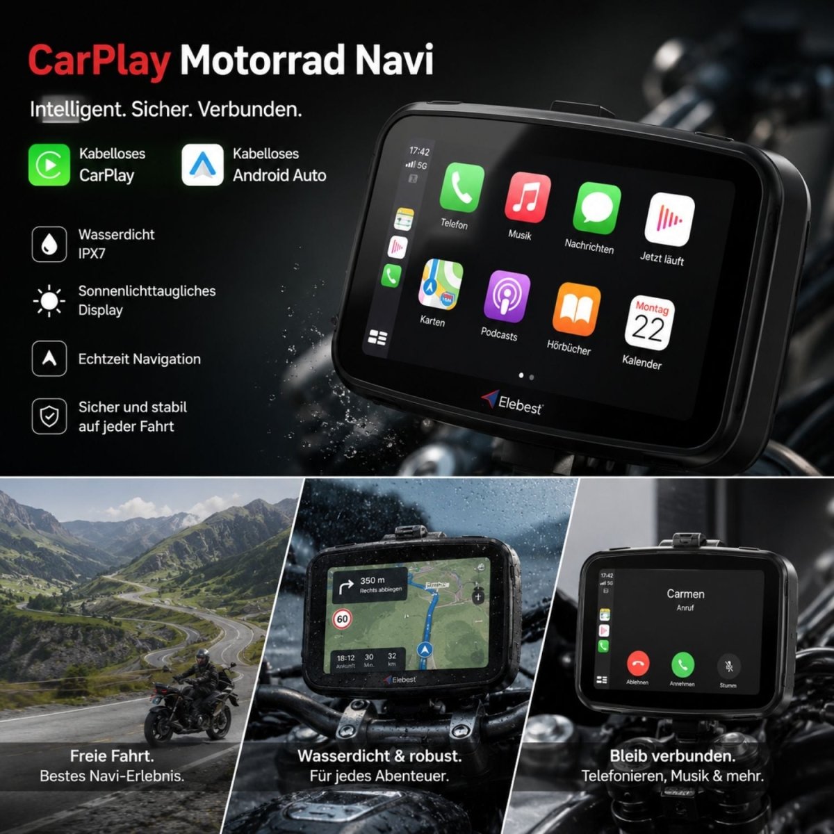 Elebest C650 kompaktes 5-Zoll-Motorrad-Display für Apple CarPlay