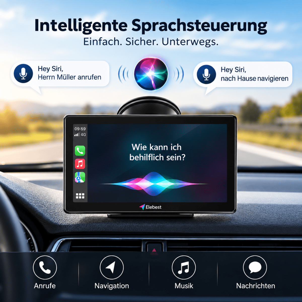 Elebest CarPlay Navi mit Apple CarPlay und Android Auto Sprachsteuerung