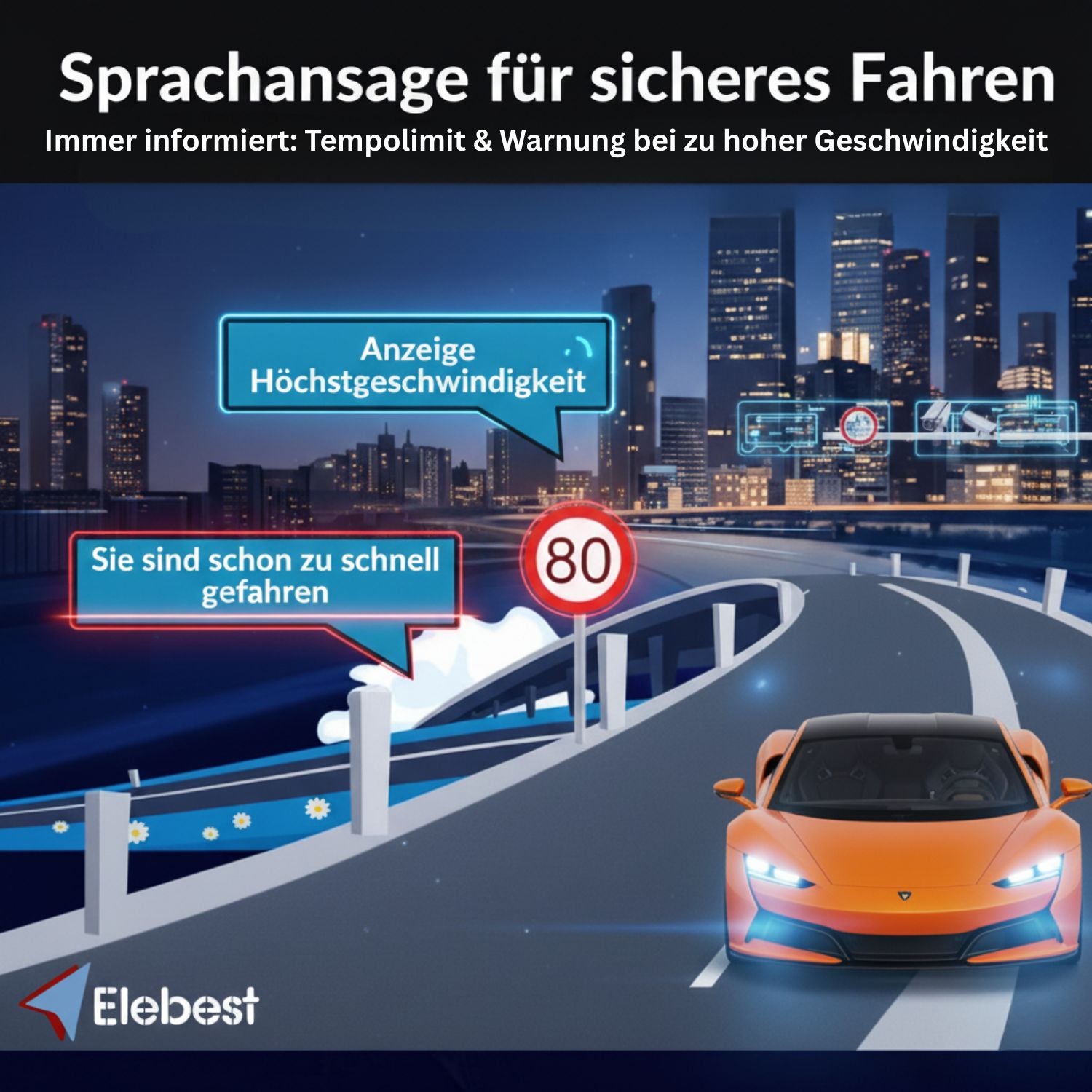 Fahrzeug mit Geschwindigkeitswarnung auf der Straße, Stadt im Hintergrund. "Sprachansage für sicheres Fahren