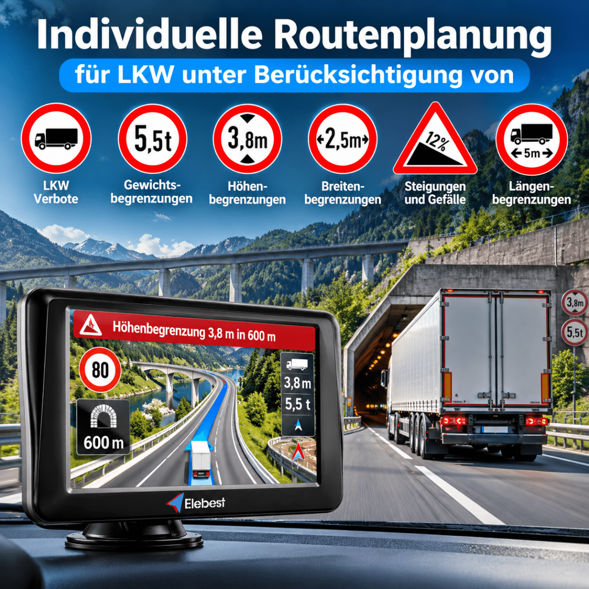 Wohnmobil-Navigationsgerät mit anpassbaren Fahrzeugprofilen für Höhe, Länge und Gewicht