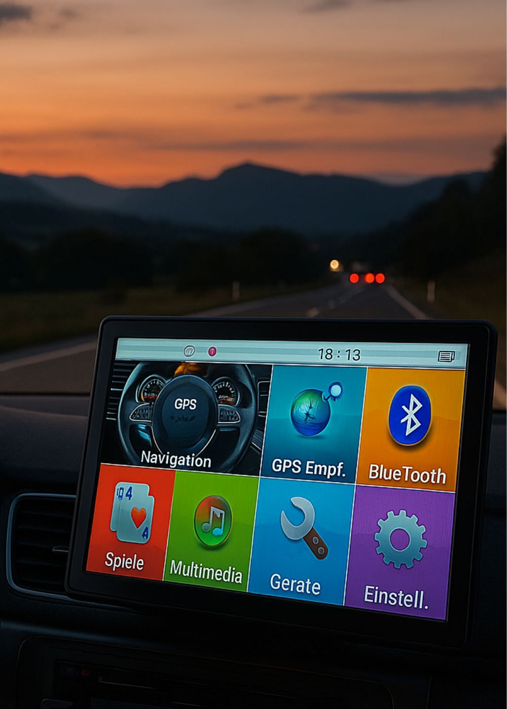 Auto-Innenraum bei Dämmerung mit eingebautem Navigationsgerät auf dem Armaturenbrett – ideal für präzise Navigation, Sicherheit und Fahrkomfort