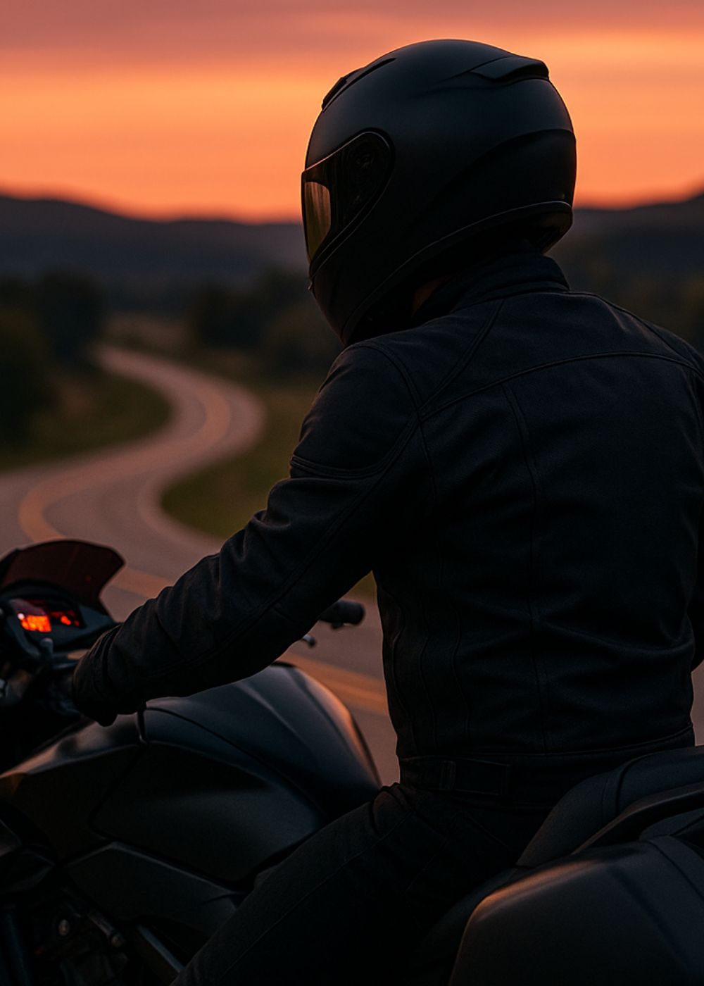 Motorradfahrer bei Sonnenuntergang auf Landstraße – Symbolbild für GPS-Navigation, Motorradzubehör und sichere Navigation auf Touren