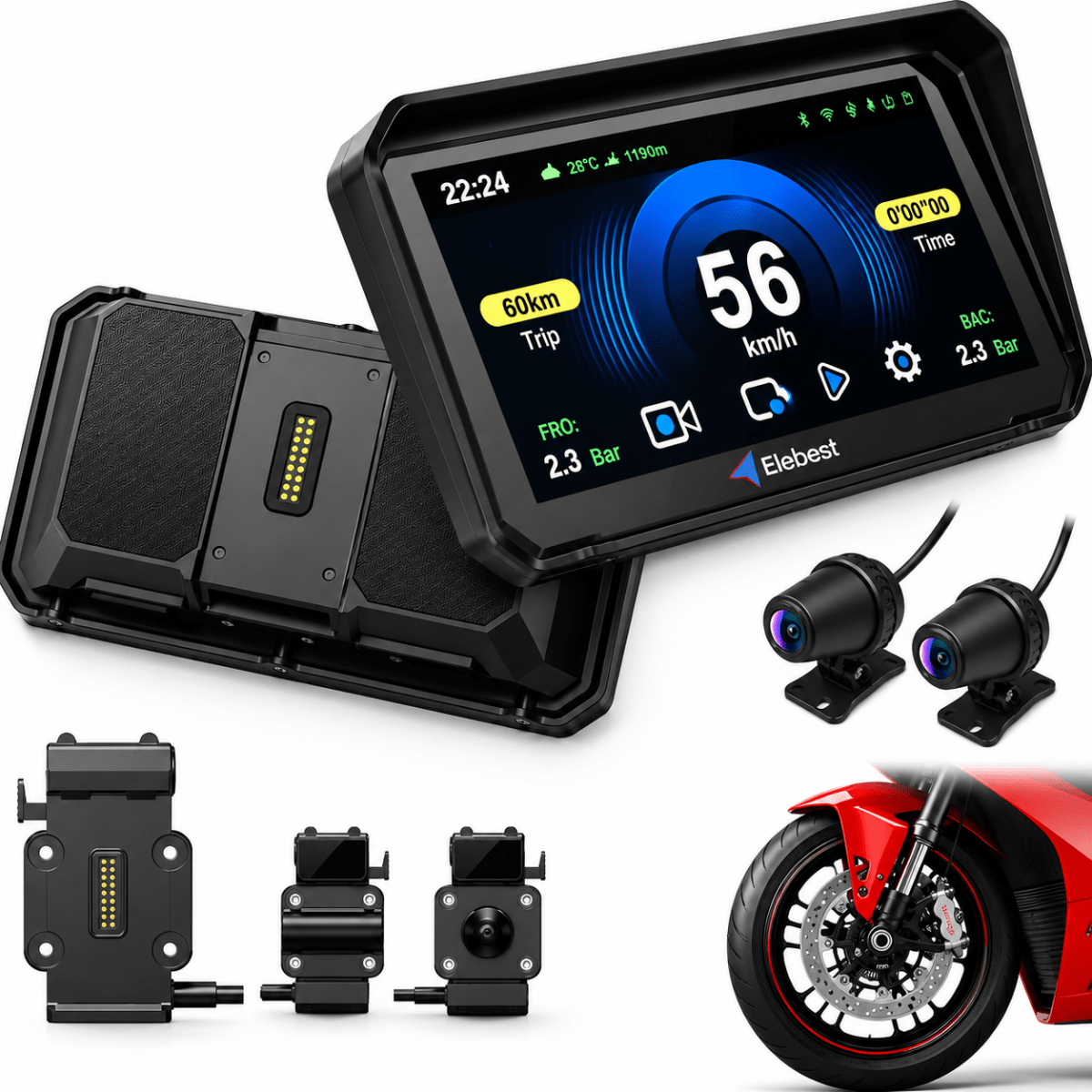 Elebest F96C Motorrad CarPlay Display 6 Zoll mit Dashcam, TPMS und abschließbarer Halterung