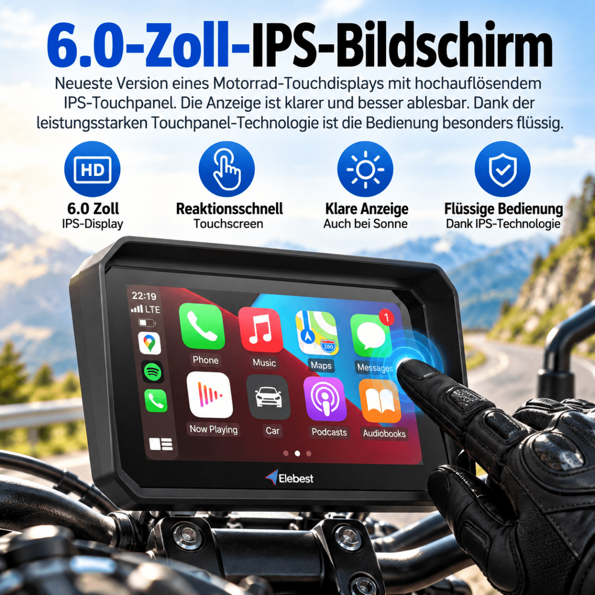 Elebest F96C IP67 wasserdichtes CarPlay Display fürs Motorrad