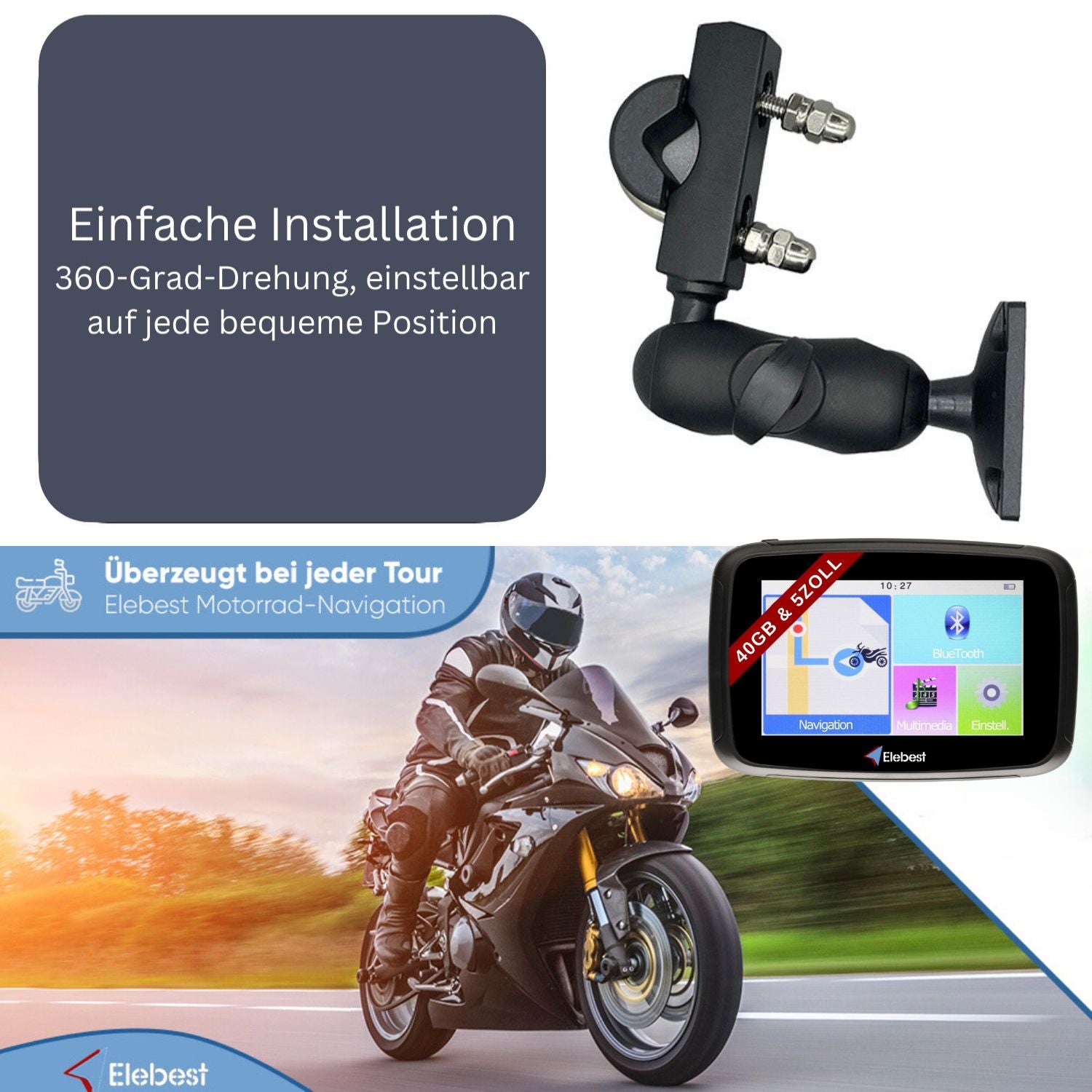 Elebest Motorrad-Navi 5-Zoll-Display mit Lenkerhalterung