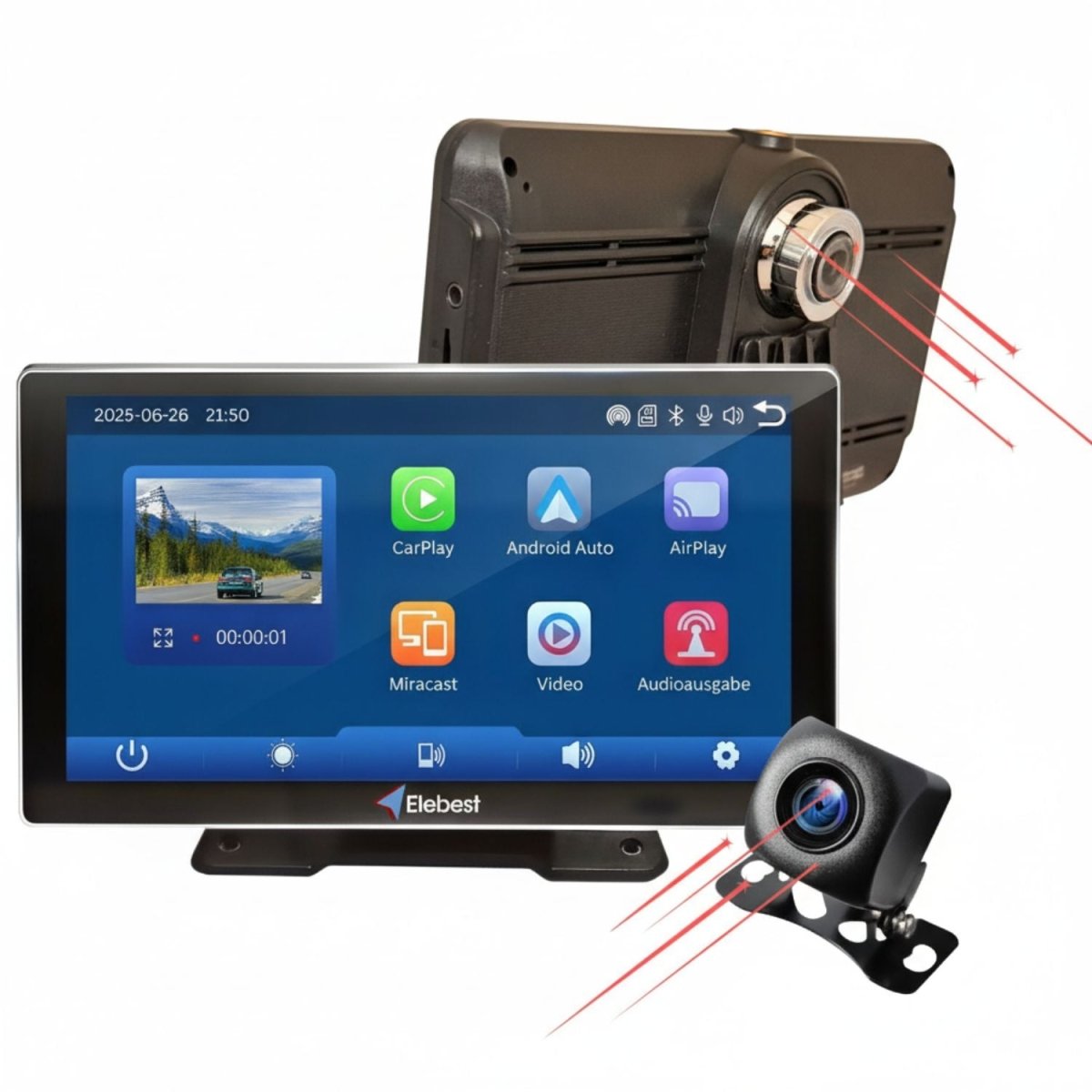 Elebest CarPlay 1070 Navi mit 7" Touchscreen, DVR - & Rückfahrkamera Android Auto CarPlay Navigationsgerät