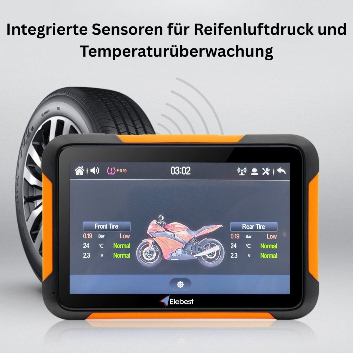 Motorrad Navi mit aktiven Reifendrucksensoren auf der Benutzeroberfläche