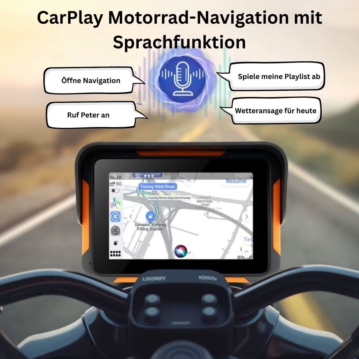 Navi am Lenker montiert, verbunden mit Bluetooth-Headset