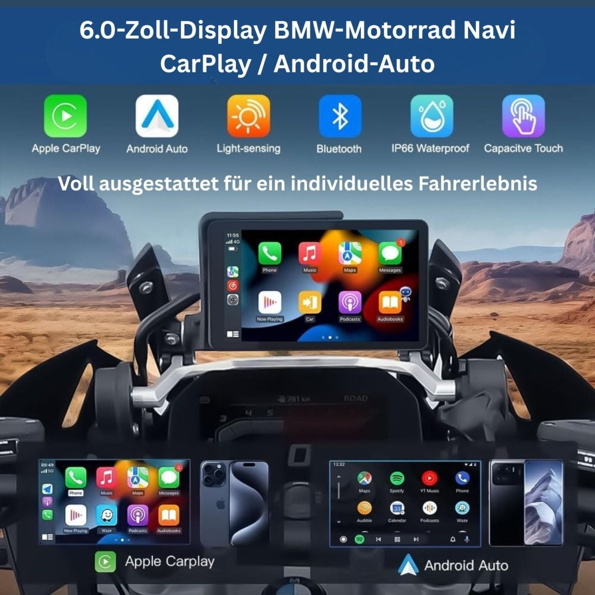 Elebest CB600 (Navigator V/VI Ersatz): 6 Zoll CarPlay Android - Auto Navi für BMW Android Auto Screen Display für Motorrad