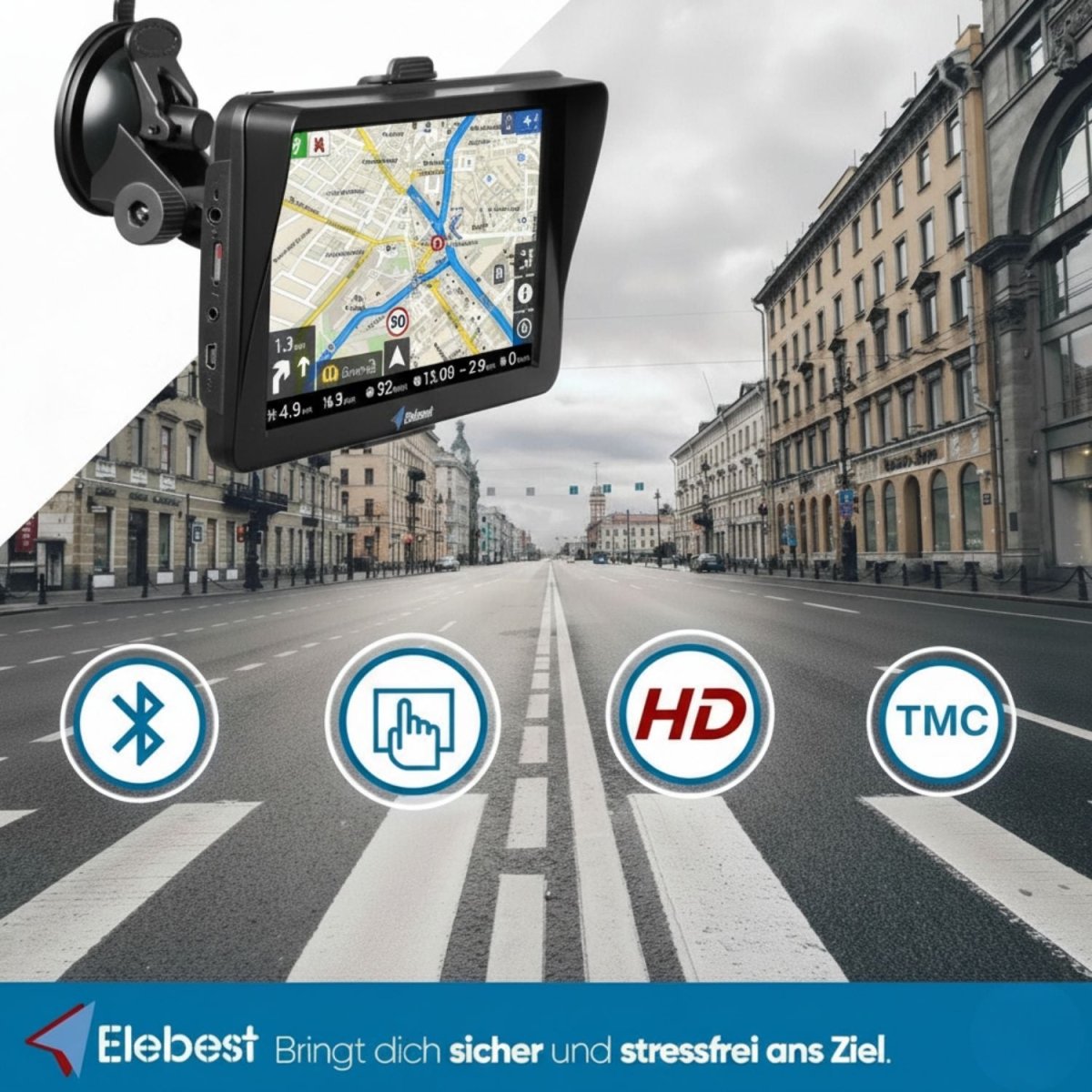 Elebest City 70AT GPS - Navi 7" TMC & Fahrspurassistent & Sonnenblende 7 Zoll Navigationsgerät Navi mit Sonnenblende