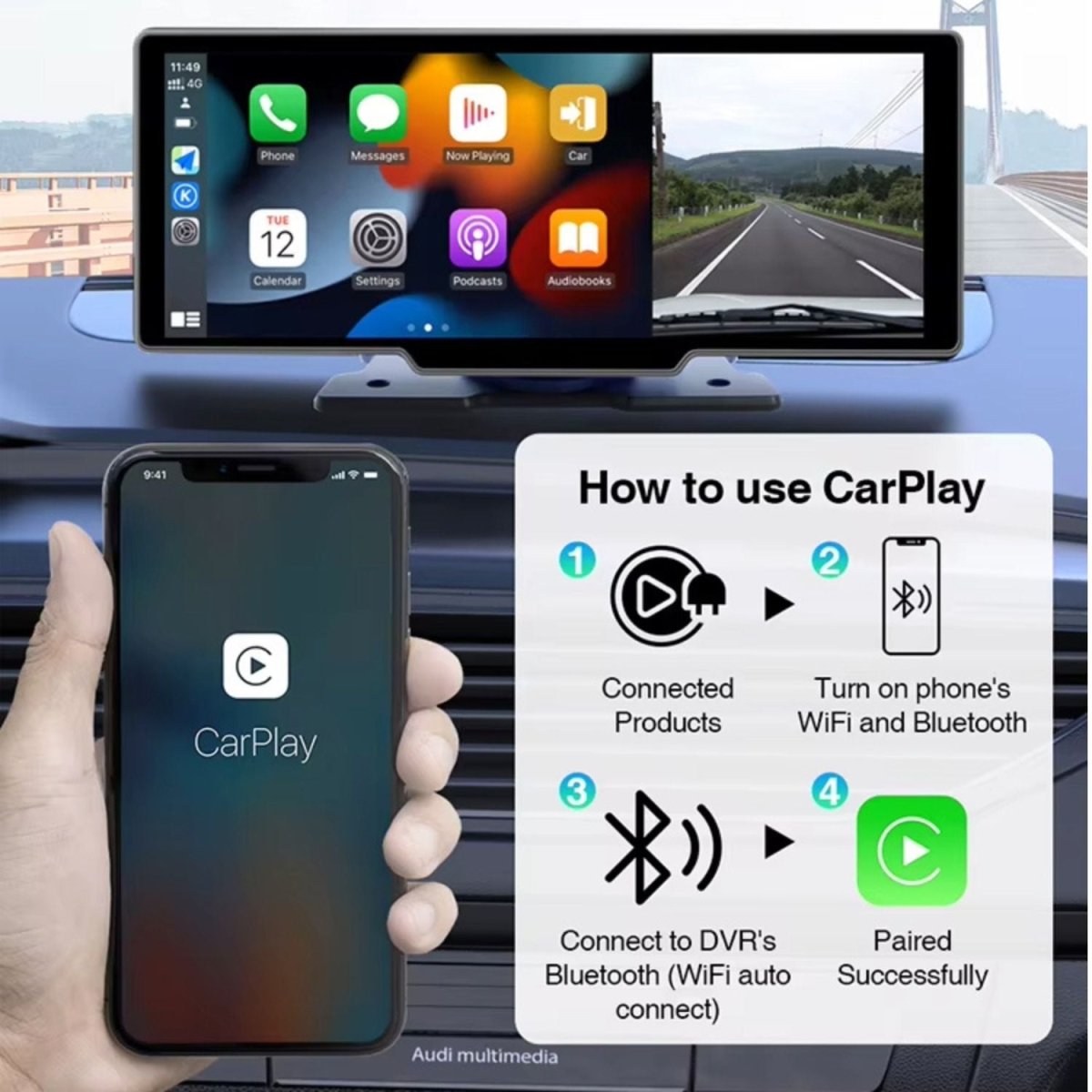 Elebest DVR AC10B mit kabellosem CarPlay und Android Auto