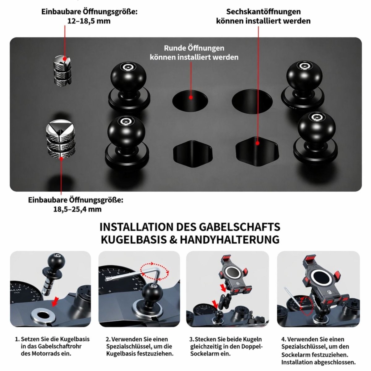 Elebest Gabelschaft - Halterung Motorrad | Kugelkopf 1 Zoll | Diebstahlsicher Gabelschaft Halterung Motorrad Kugelkopf Halterung 1 Zoll