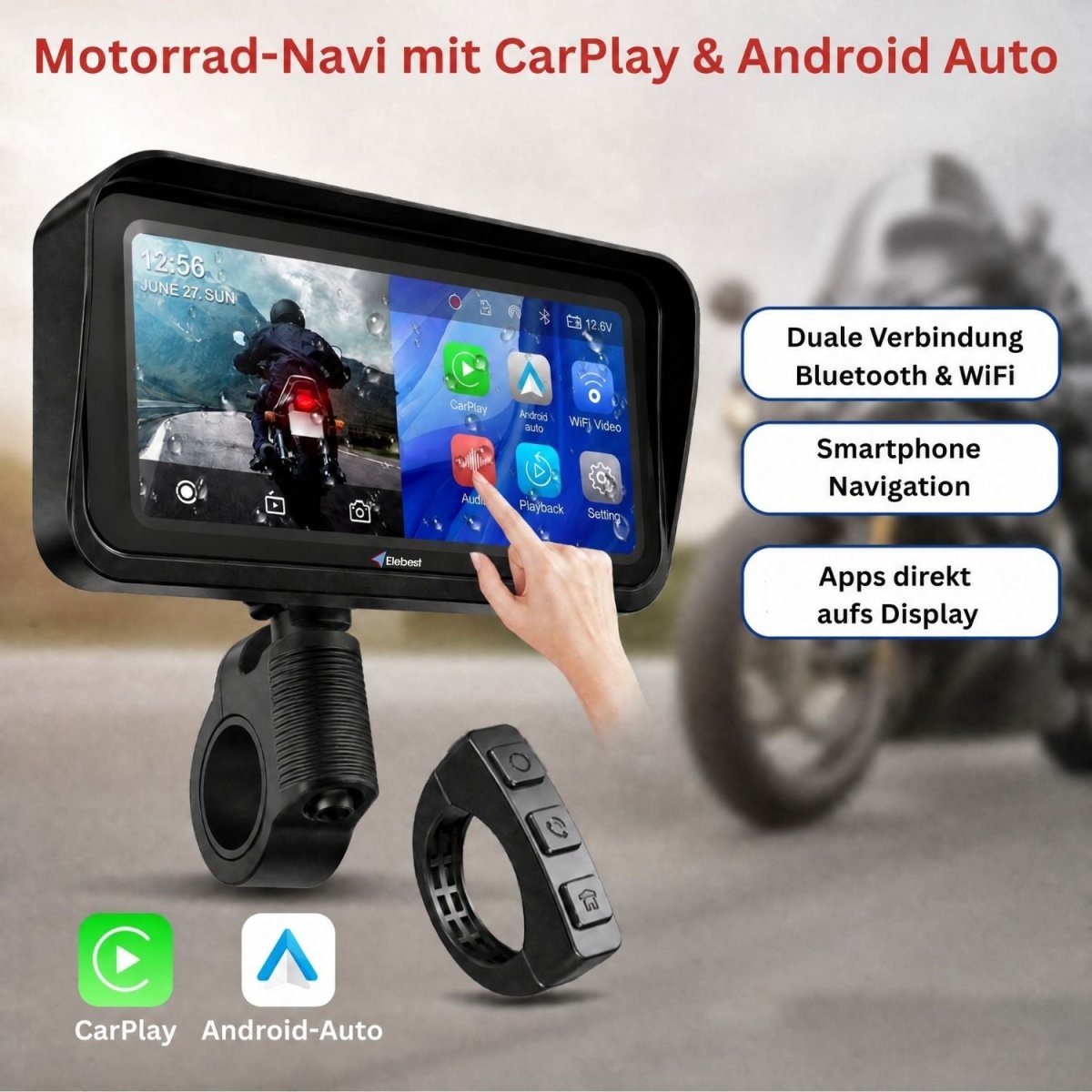 Elebest F83T Motorrad Navi mit Wireless Apple CarPlay und Android Auto am Lenker