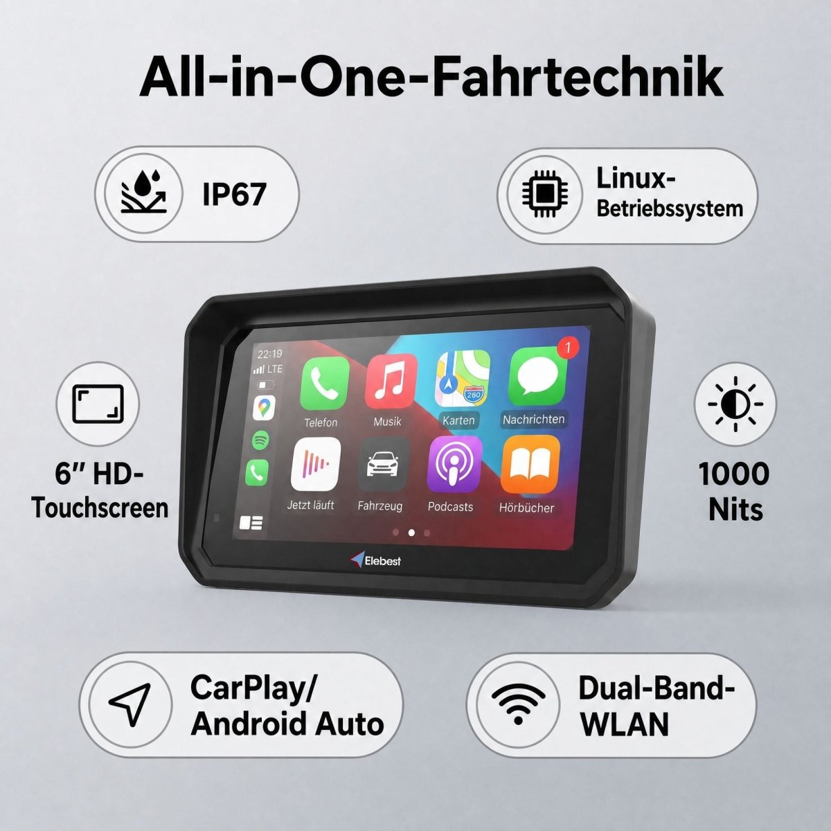 Elebest F96C Motorrad Navi mit Android Auto und 6 Zoll IPS-Touchscreen