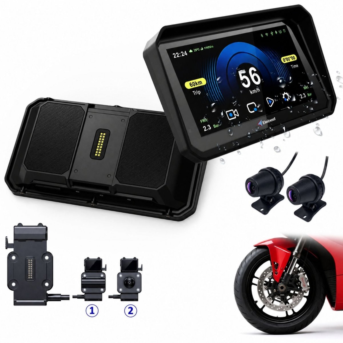 Elebest F96C Motorrad CarPlay Display 6 Zoll mit Dashcam, TPMS und abschließbarer Halterung