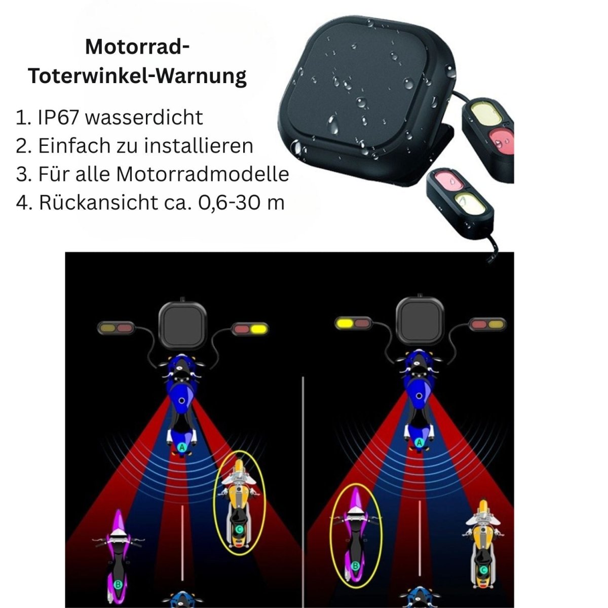 Elebest Motorrad Toter - Winkel - Assistent – Wasserdichtes Warnsystem Motorrad Navi
