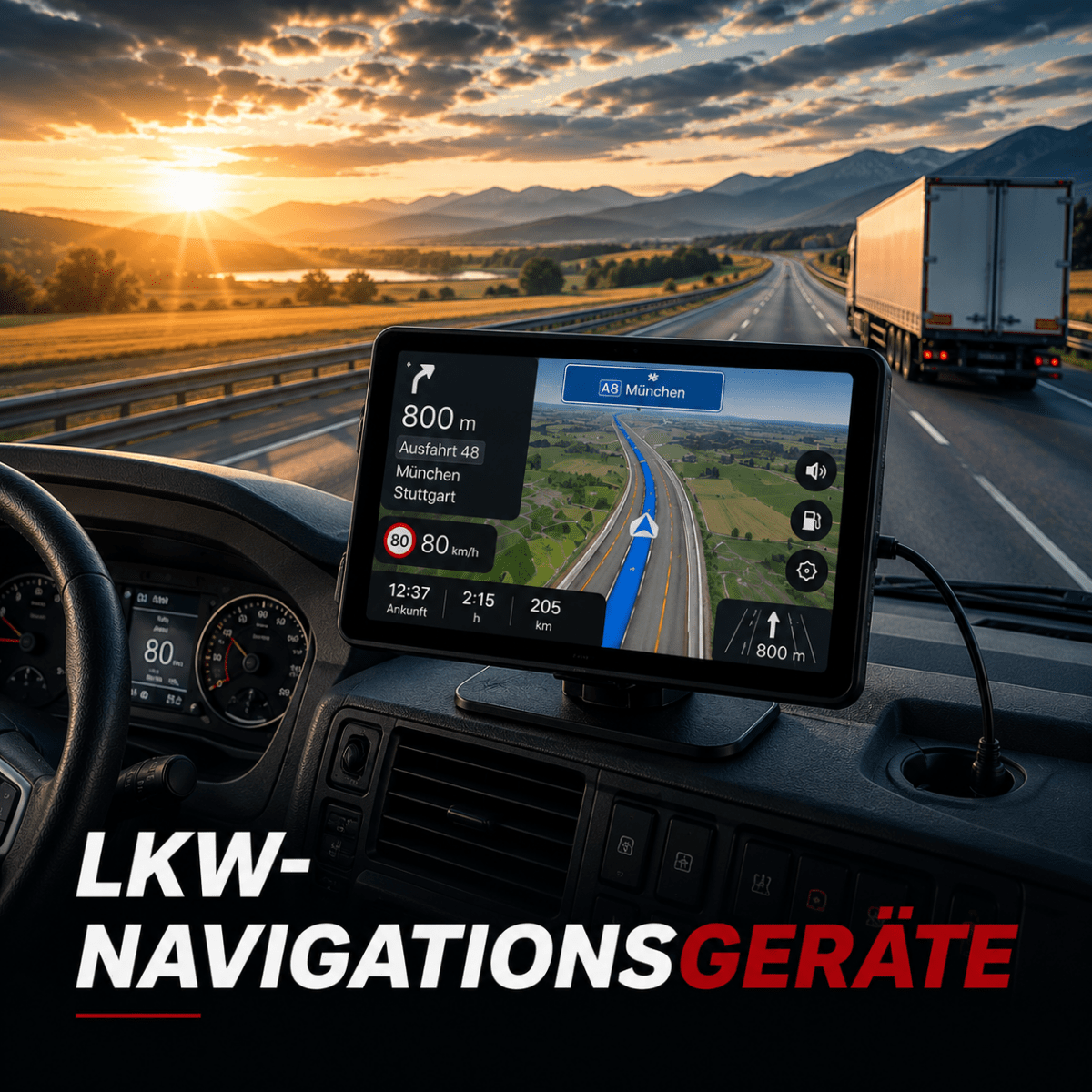 LKW-Navigationsgerät mit großem Touchdisplay im Fahrerhaus eines Lastwagens. Das Display zeigt eine aktive Navigation auf der Autobahn. Im Hintergrund fährt ein Sattelzug durch eine Landschaft bei Sonnenuntergang. Schriftzug: LKW-Navigationsgeräte.