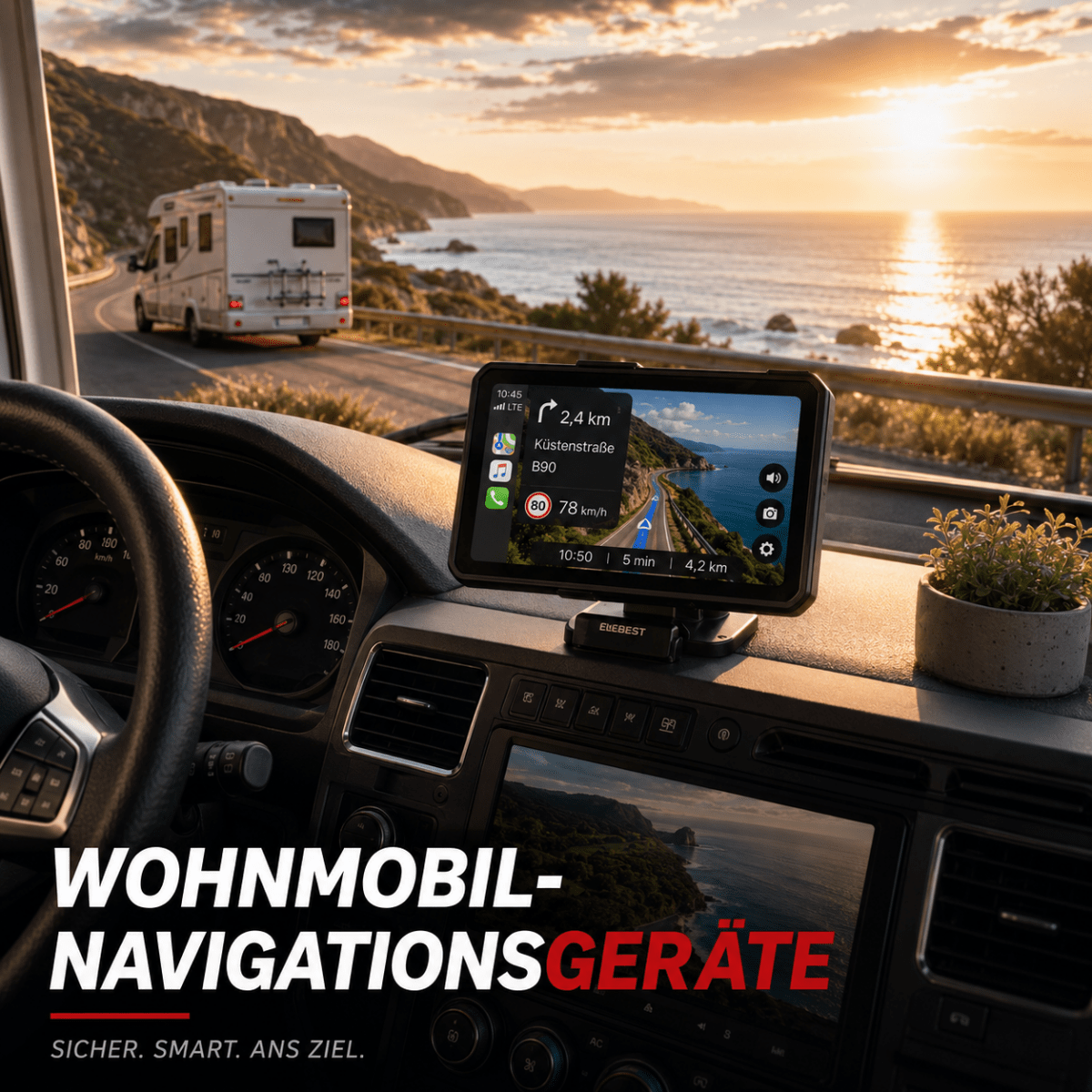 Wohnmobil-Navigationsgerät auf dem Armaturenbrett mit Küstenstraße und Sonnenuntergang im Hintergrund.