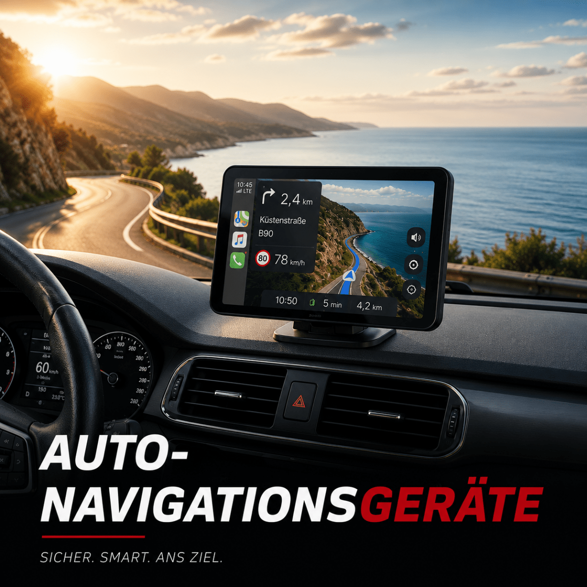 Auto-Navigationsgerät mit Apple CarPlay und Android Auto auf dem Armaturenbrett eines Pkw. Das Display zeigt eine aktive Navigation auf einer Küstenstraße. Moderner Touchscreen für sichere und komfortable Navigation im Auto