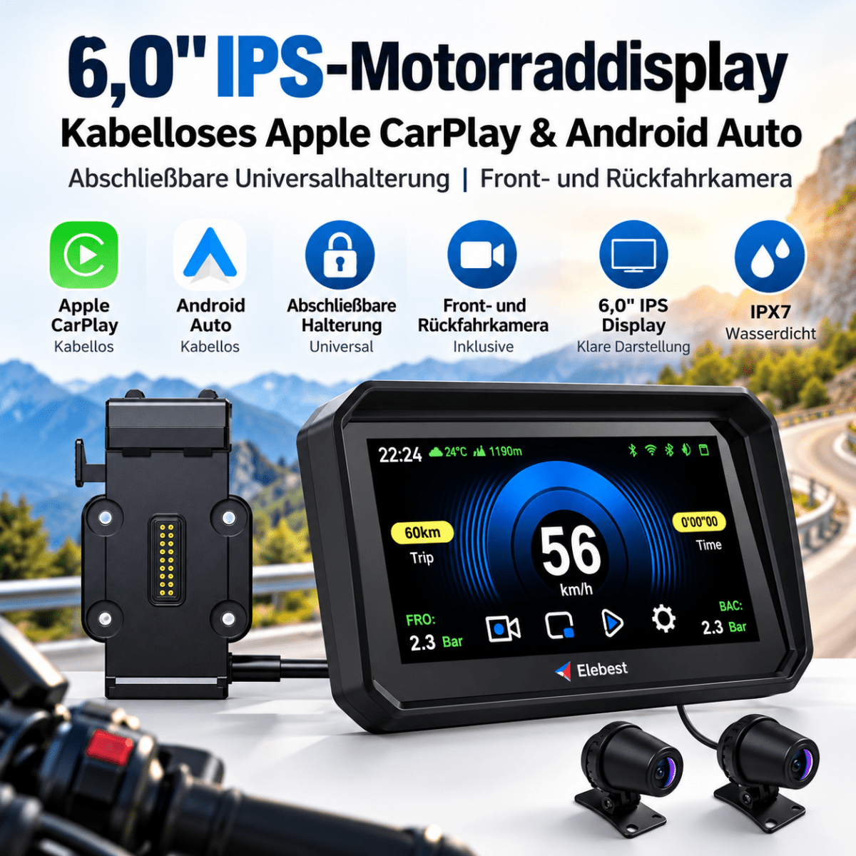 Elebest F96C – 6 Zoll Motorrad Display mit kabellosem Apple CarPlay am Lenker