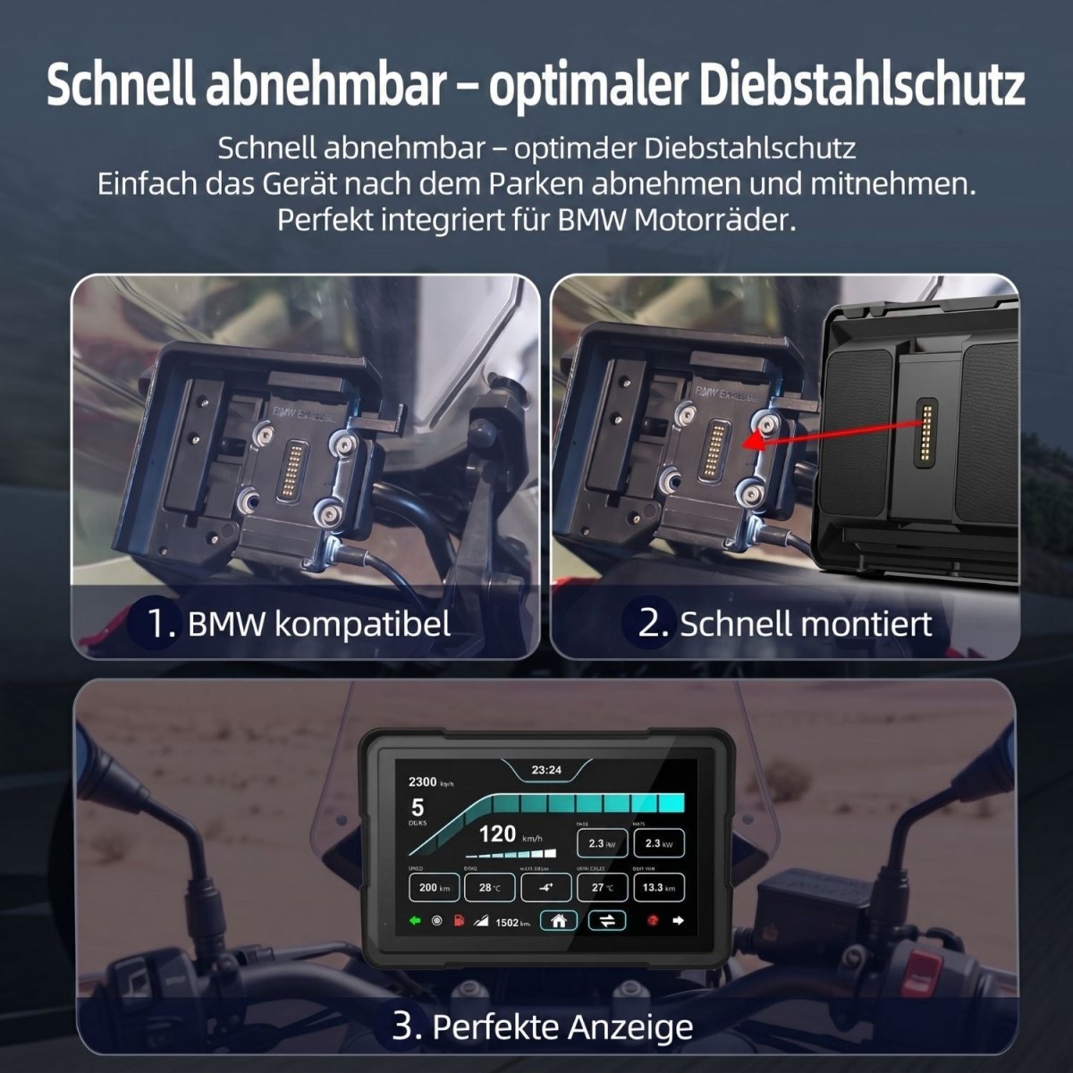 Elebest 7 Zoll CarPlay & Android Auto Display für BMW Motorrad | IP67 7 Zoll Motorrad Navi BMW Connected Cradle