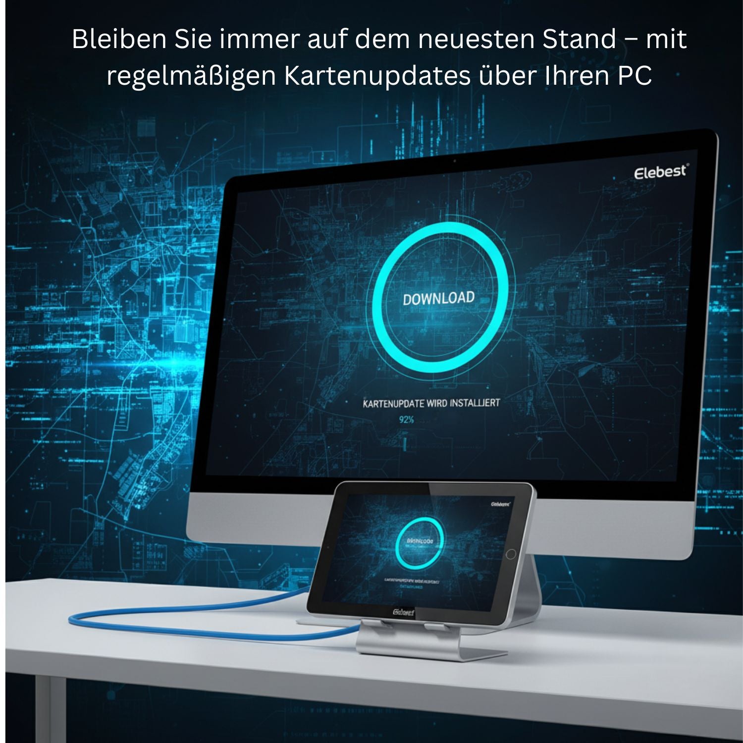 Navigationsgerät von Elebest bei einem Kartenupdate über den PC, modernes Interface mit Fortschrittsanzeige, Darstellung auf Bildschirm und Navi, verbunden über ein USB-Kabel.