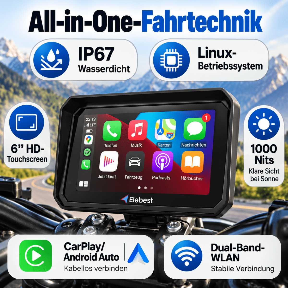 Elebest F96C Motorrad Navi mit Android Auto und 6 Zoll IPS-Touchscreen