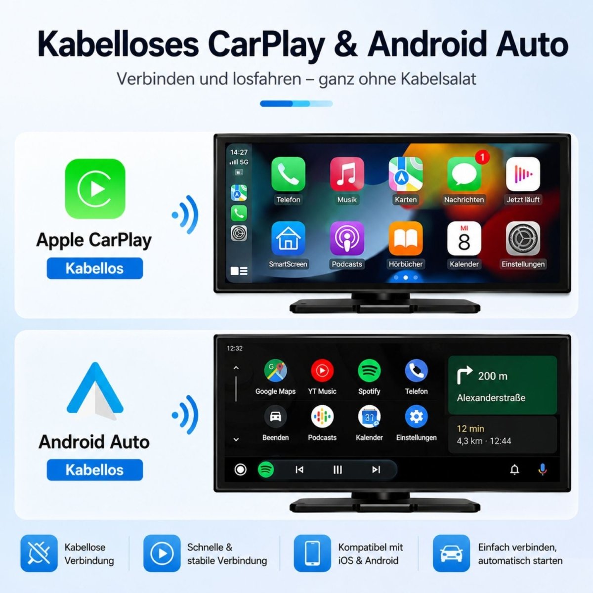 Vier Audio-Wege des Elebest F88: Bluetooth, AUX, FM-Transmitter und Lautsprecher