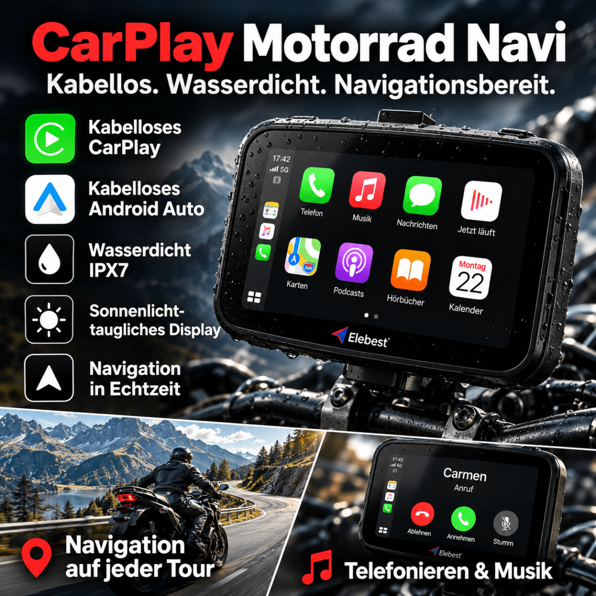 Elebest C650 kompaktes 5-Zoll-Motorrad-Display für Apple CarPlay