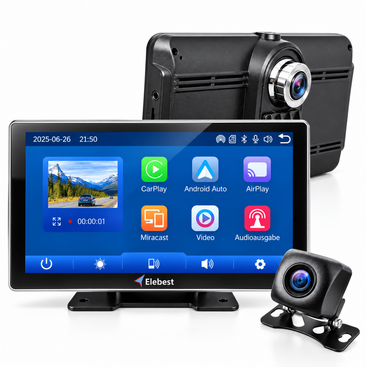 Elebest CarPlay 1070 7 Zoll Auto-Navi mit Dashcam auf dem Armaturenbrett