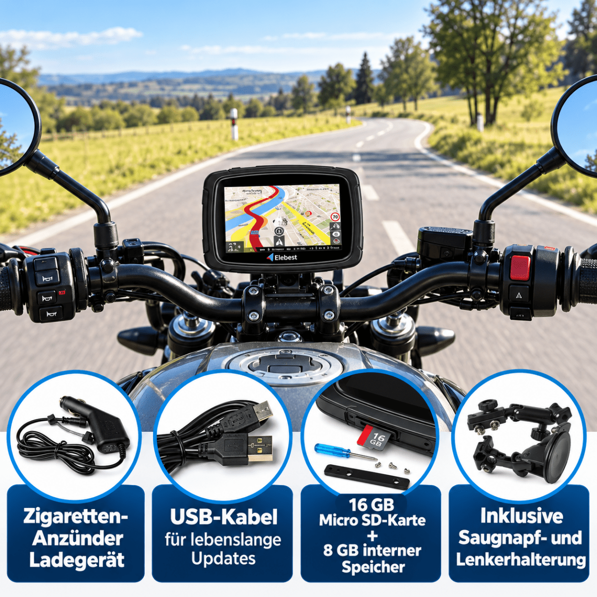 Elebest Rider W5 5 Zoll Touchscreen am Motorradlenker montiert