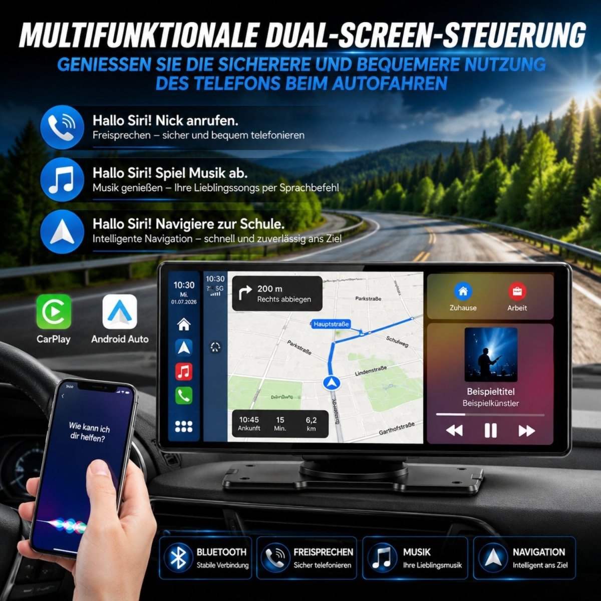 Sprachsteuerung per Siri und Google Assistant am Elebest CarPlay 1026