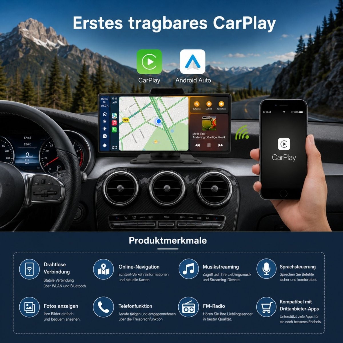 CarPlay 1026 zum Nachrüsten, Plug and Play für Pkw, Lkw und Wohnmobil