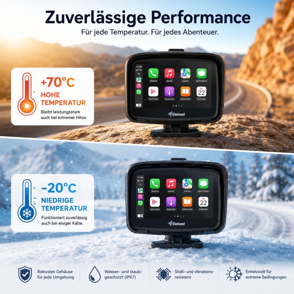 Elebest C650 Motorrad-Navi 5 Zoll mit Touchscreen-Bedienung und Sprachsteuerung