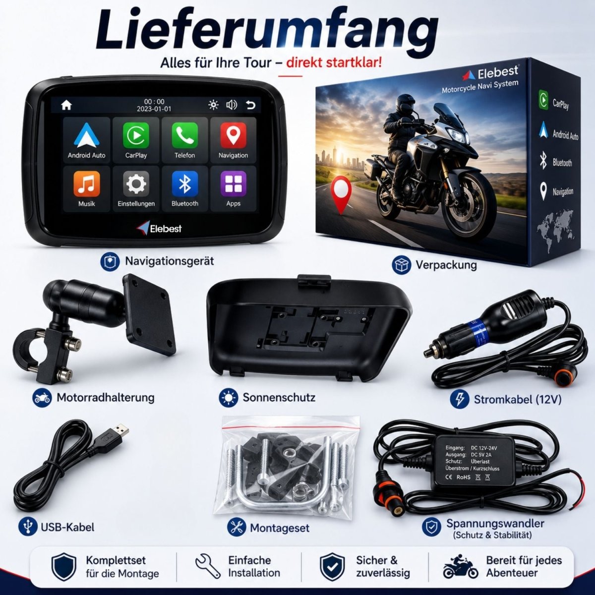 Elebest C650 wasserfestes Motorrad-Navi mit Dual-Bluetooth fürs Helm-Headset