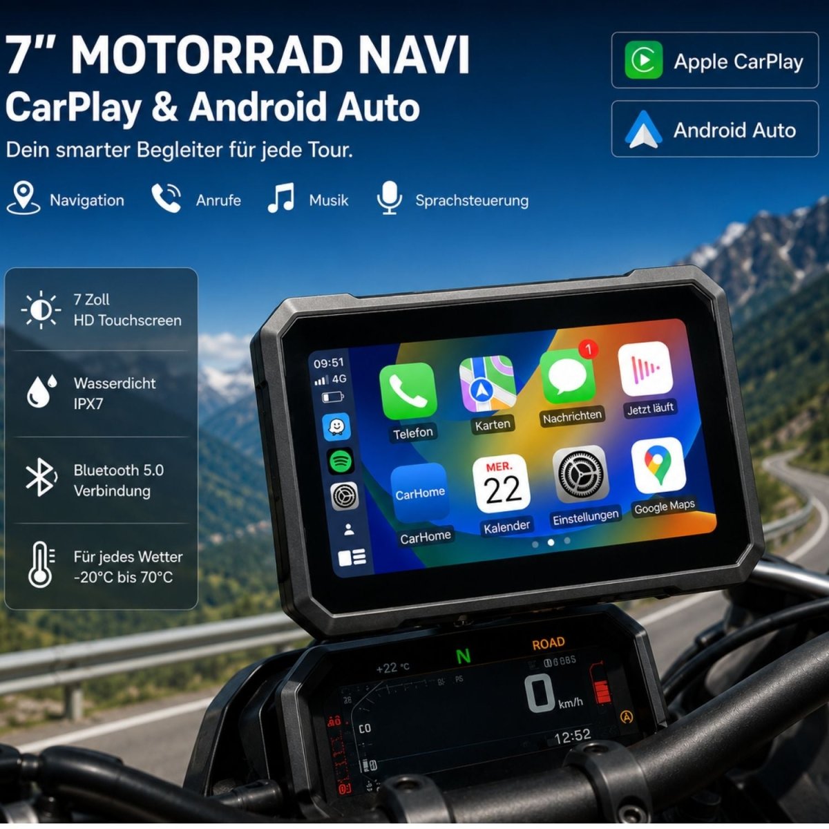 Elebest C750 großes 7-Zoll-Motorrad-Display für Apple CarPlay am Lenker
