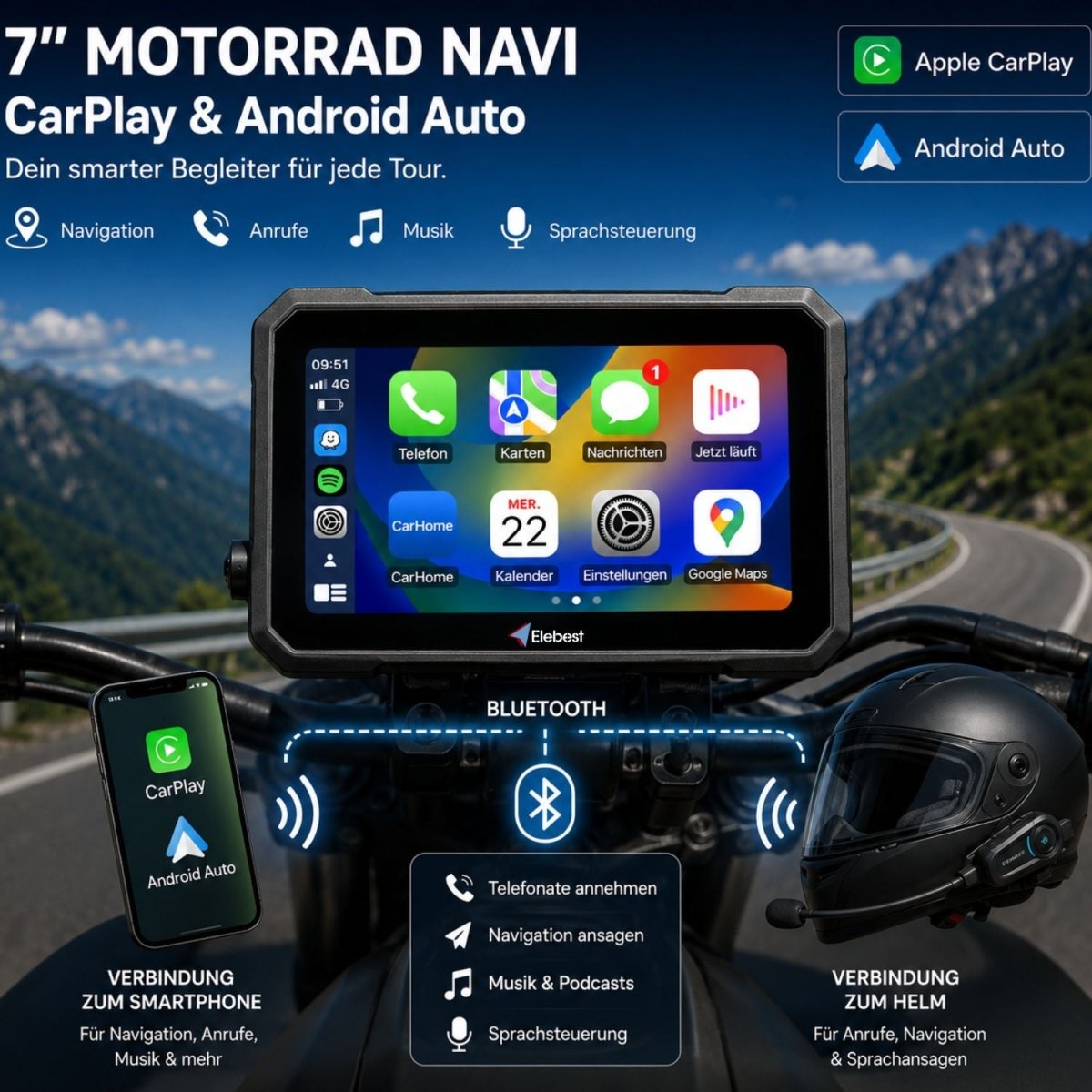 Elebest C750 7-Zoll-Display mit kabelloser Android-Auto-Verbindung zum Smartphone