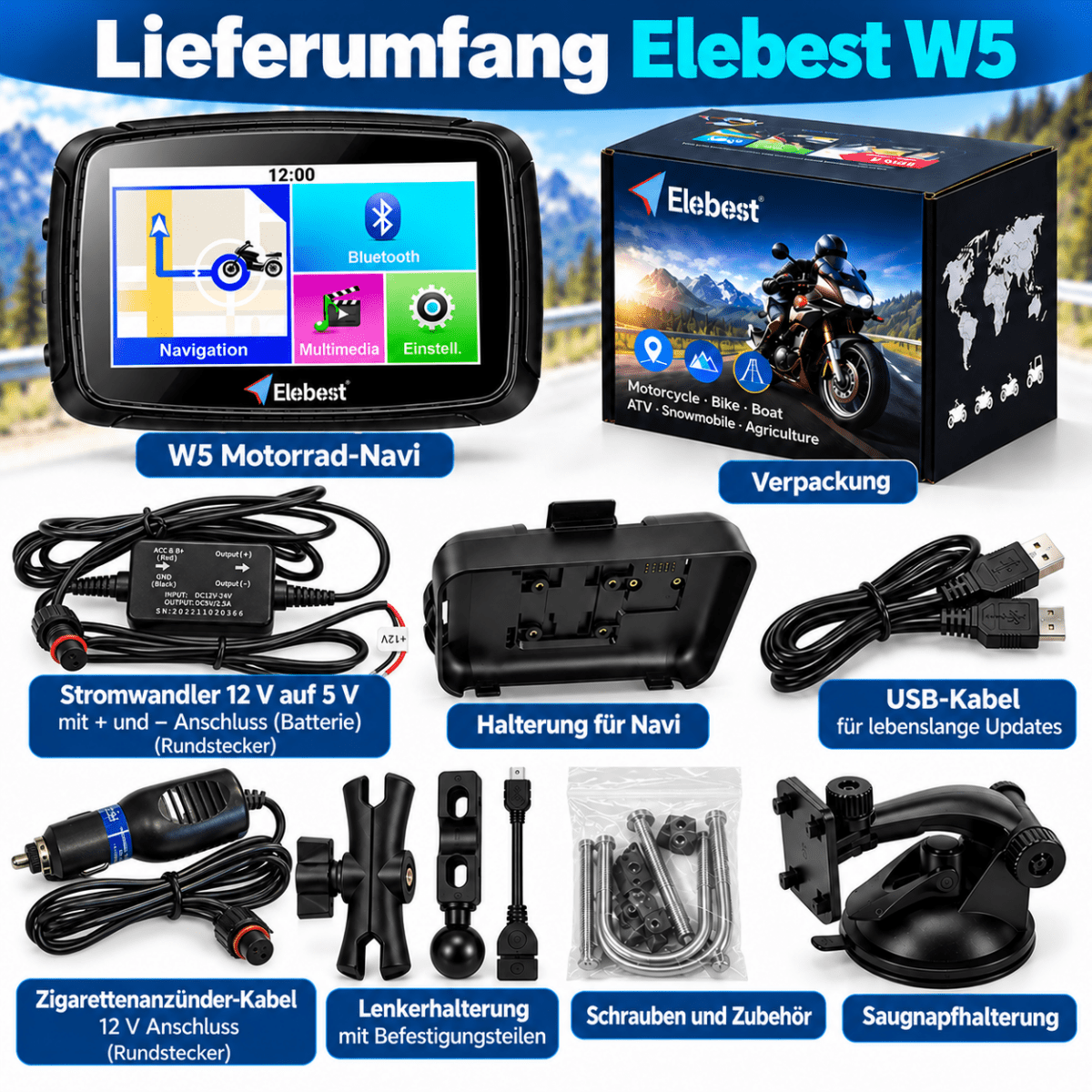 Elebest Rider W5 wasserdichtes Touren-Navi für Motorrad und Straße