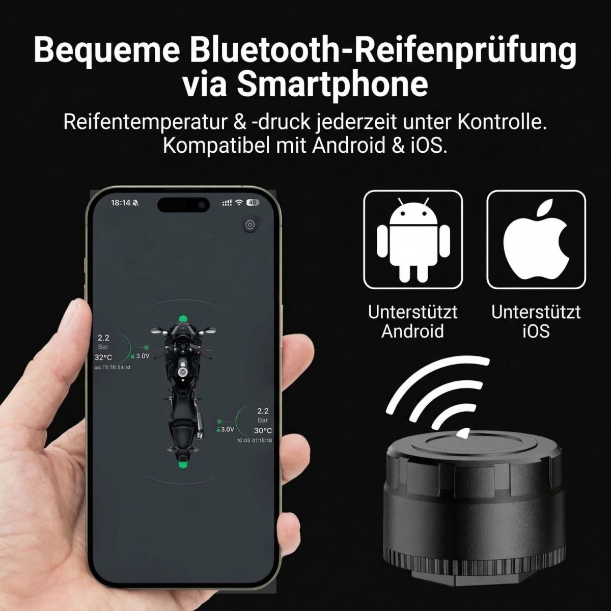 Elebest Bluetooth Reifendruckkontrolle TPMS für Motorrad, Roller & E‑Bike Bluetooth 5.0 Fahrrad