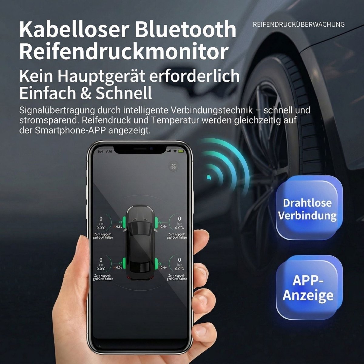 Elebest Bluetooth TPMS Reifendruckkontrolle, Reifendrucksensor Set 4 Stück