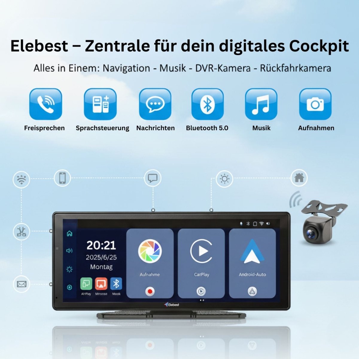 Elebest CarPlay Navi 1026 mit DVR - Kamera, Bluetooth & Sprachsteuerung Apple CarPlay carplay nachrüsten