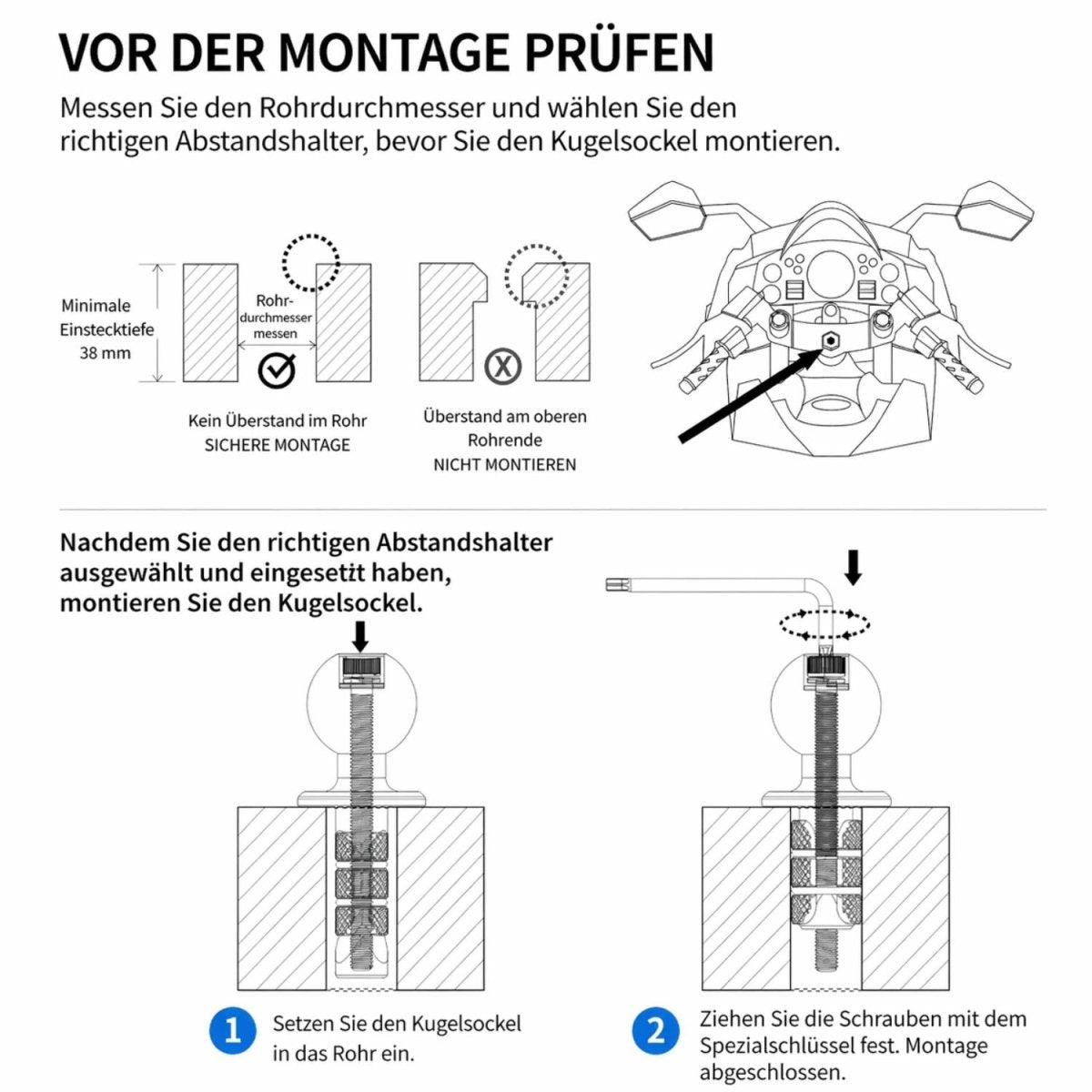 Elebest Gabelschaft - Halterung Motorrad | Kugelkopf 1 Zoll | Diebstahlsicher Gabelschaft Halterung Motorrad Kugelkopf Halterung 1 Zoll